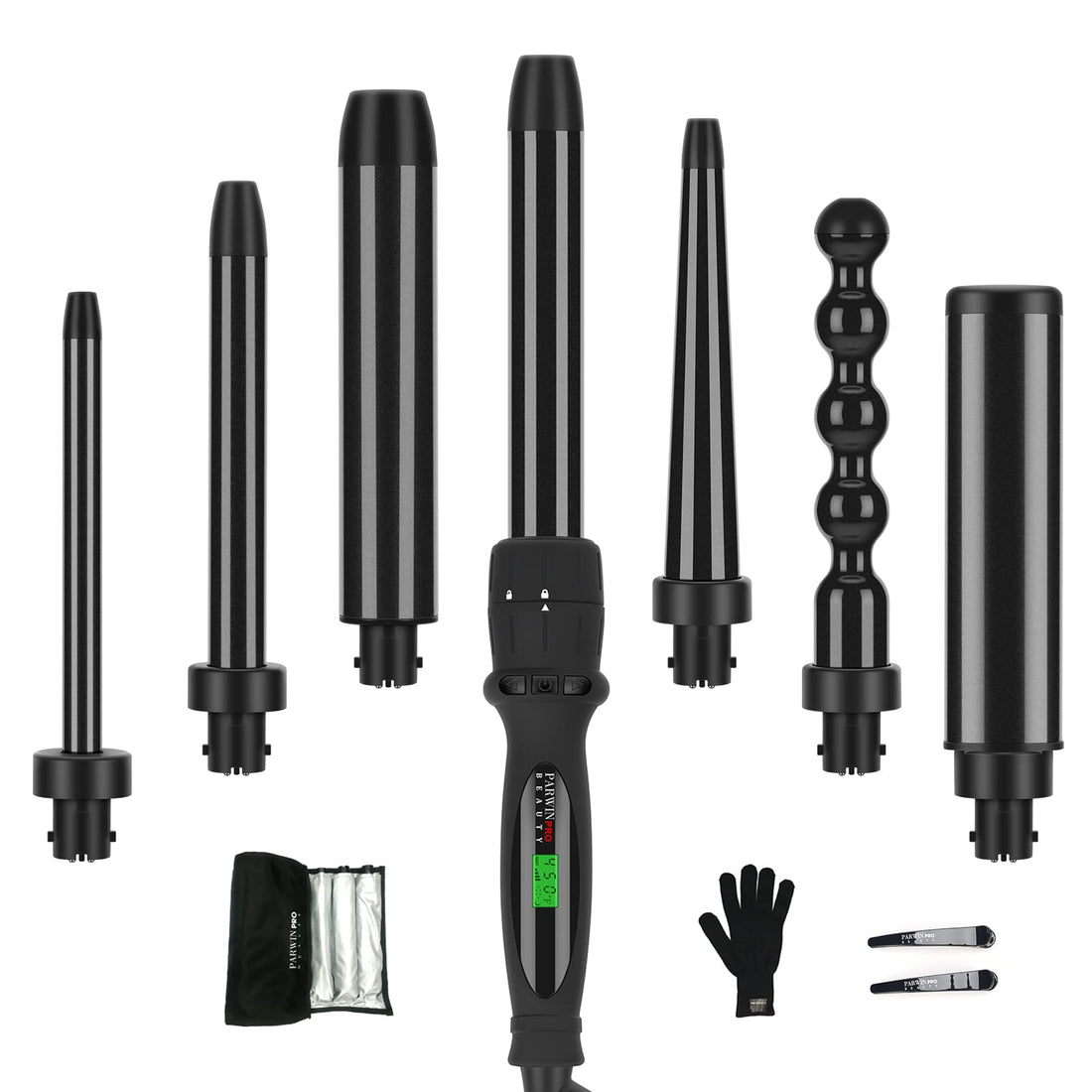 PARWIN PRO BEAUTY Curling Iron, PARWIN PRO 7 in 1 Culing Wand Set with 7 Interchangeable Barrels and Heat Protective Glove--No Cool Tip & Travel Bag
