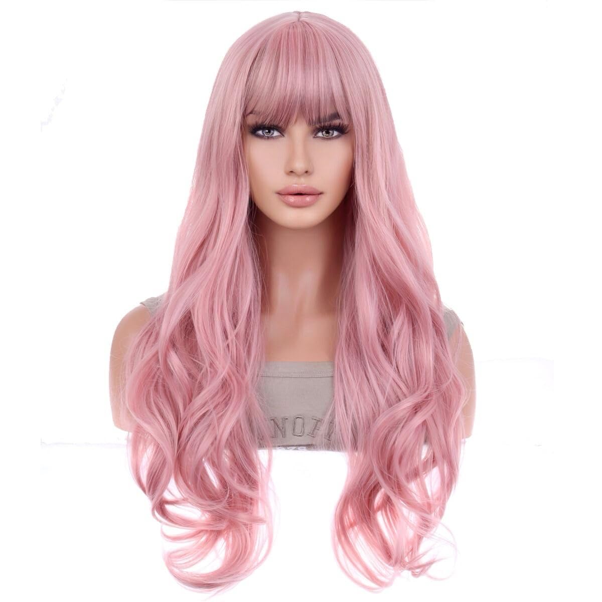 BERON 26 Inches Pink Wig Long Wavy Wig with Bangs Synthetic Wig Long Wig Pink Wigs for Daily Party with Wig Cap