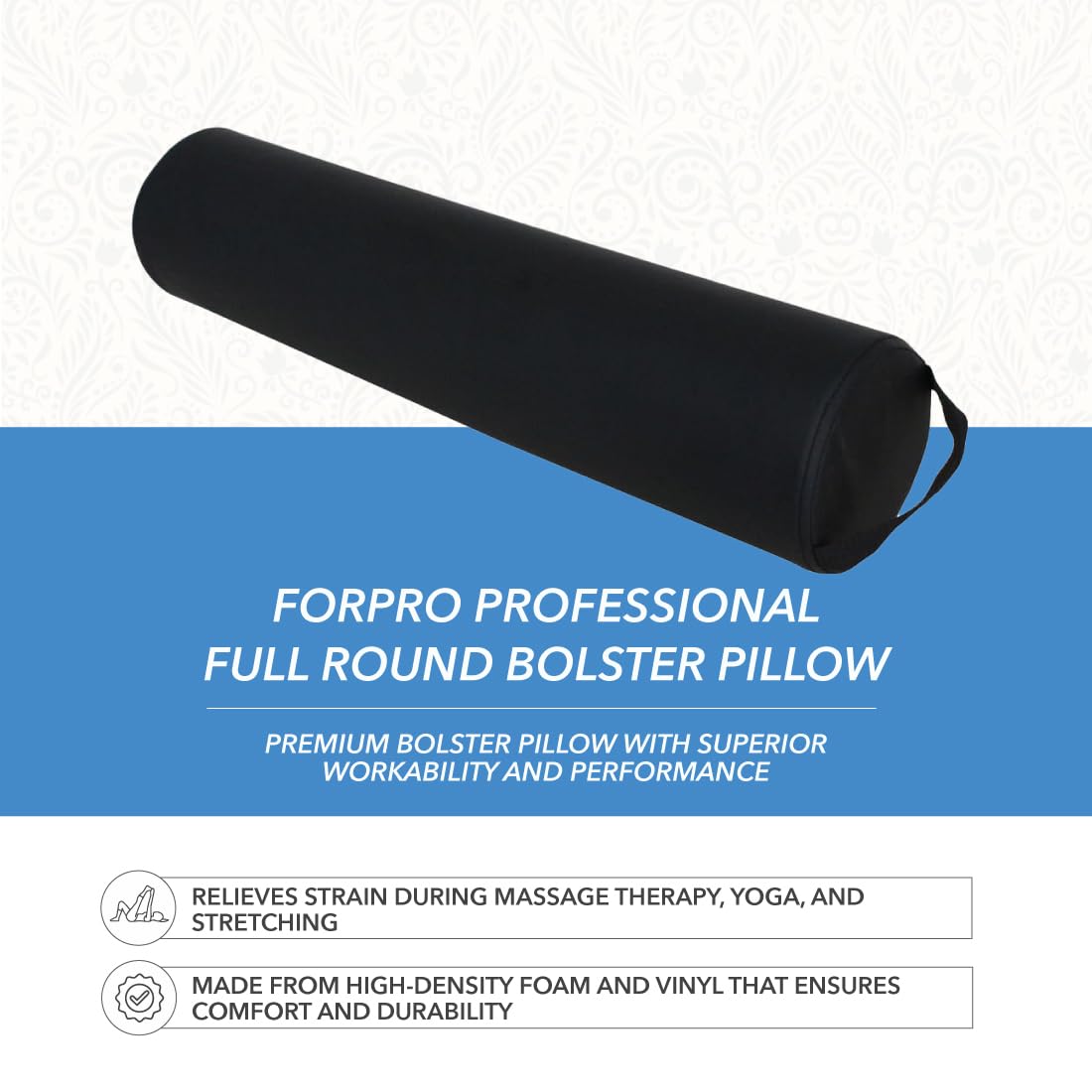 ForPro Full Round Bolster, Black, Oil and stain-resistant, for Massage and Yoga, 6ââ‚¬Â R x 26ââ‚¬Â L