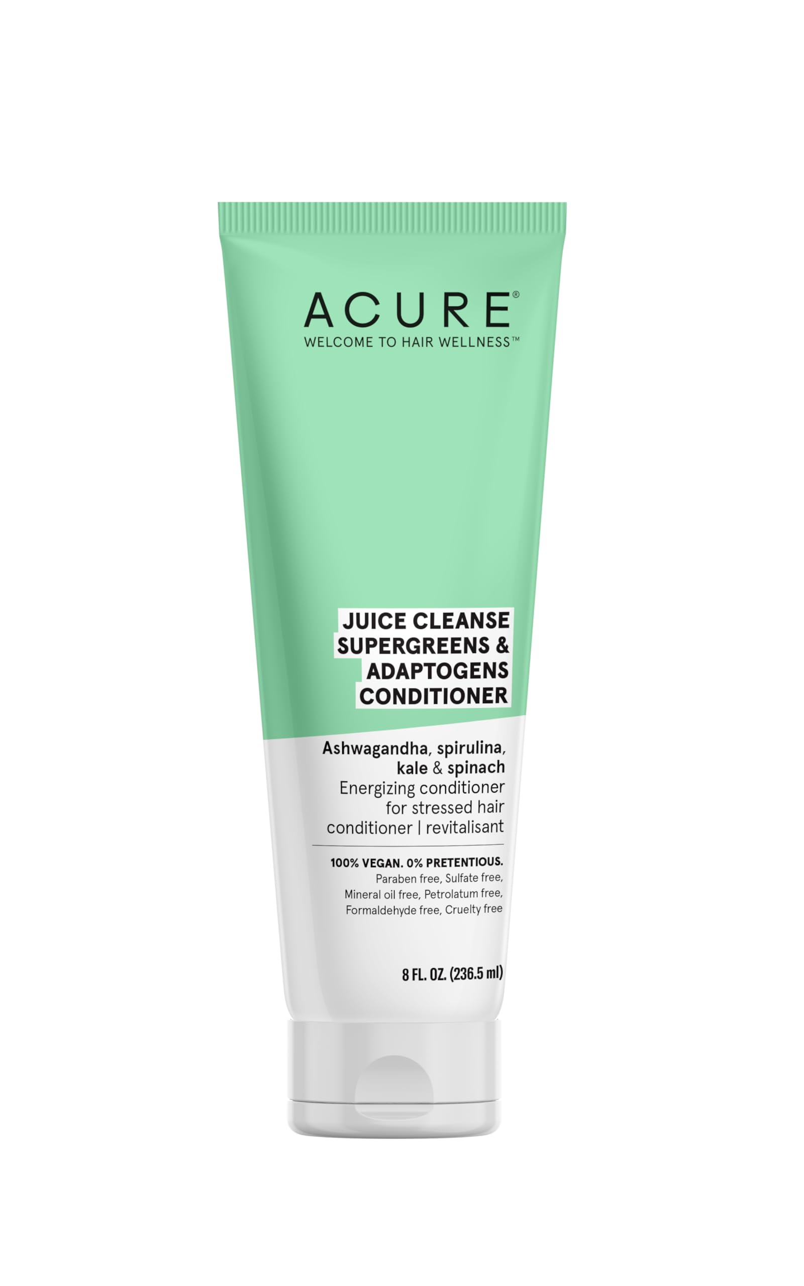 Acure, Juice Cleanse Supergreens Adaptogens 100 Vegan Antioxidant For Stressed Hair Ashwagandha Spirulina Kale Spinach Brightens ReEnergizes Hair, Conditioner, 8 Fl Oz