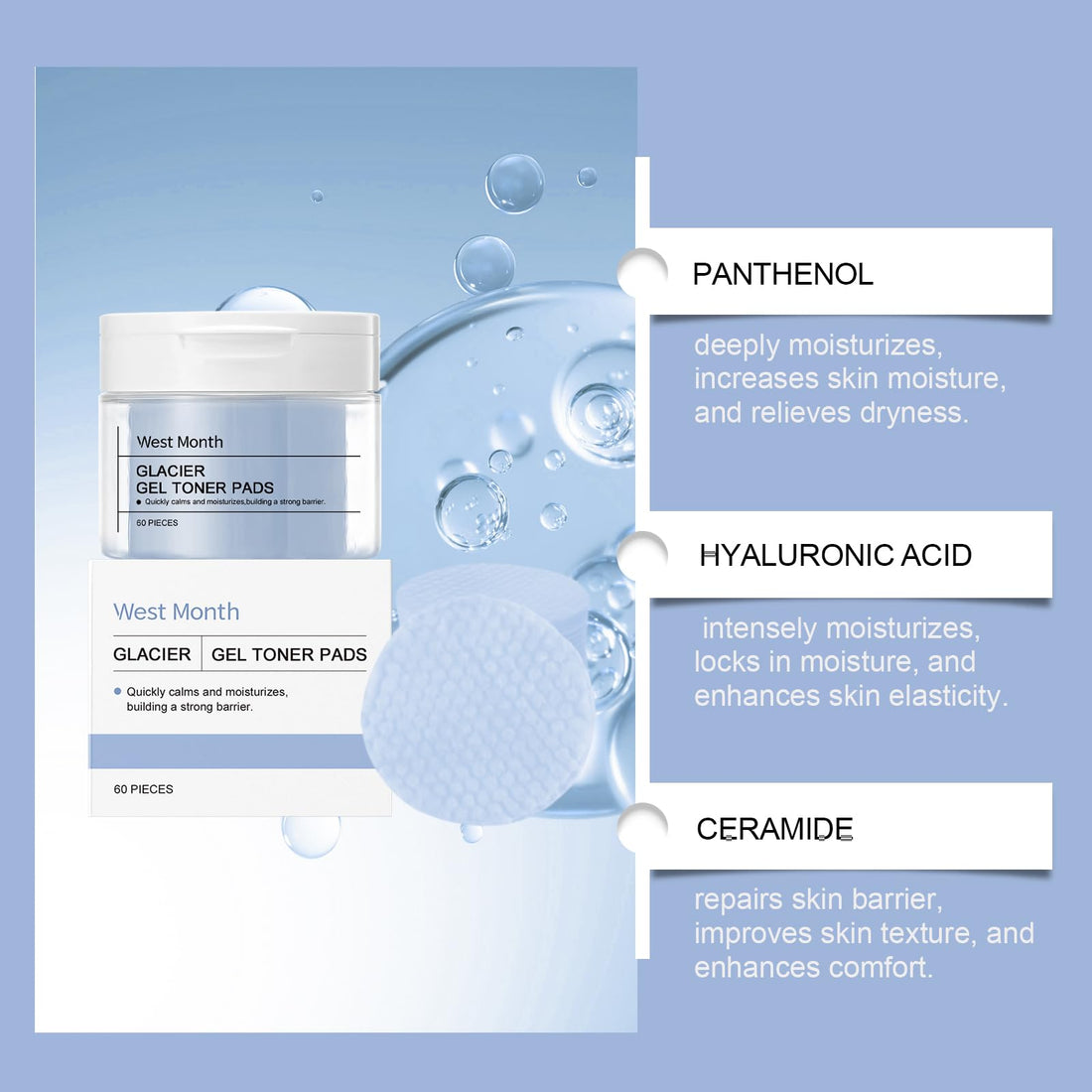 Hoegoa Collagen Gel Toner Pads, Moisturizing Panthenol Toner Pads with Hyaluronic Acid, Soothing Korean Face Cleansing Wipes for Sensitive Skin, 60Pads (Glacier Gel Toner Pads, 1 PC)