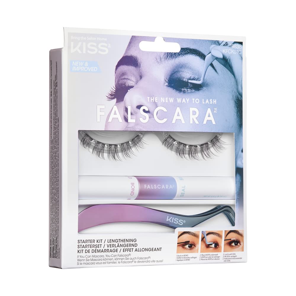 KISS Falscara DIY Lash Extension Starter Kit 10 Reusable Featherlight Eyelash Lengthening Wisps, Applicator, Bond & Seal