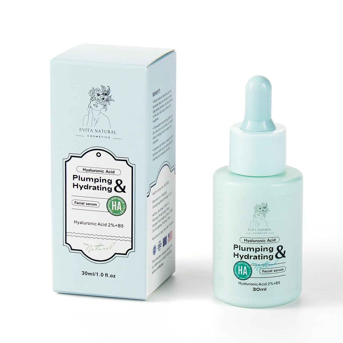 Evita Natural Cosmetics Hyaluronic Acid Serum 100% Natural Moisturizer with Vitamin B5 for Face and Neck. Dermatologically tested, Cruelty-Free, Paraben Free - 1 fl oz