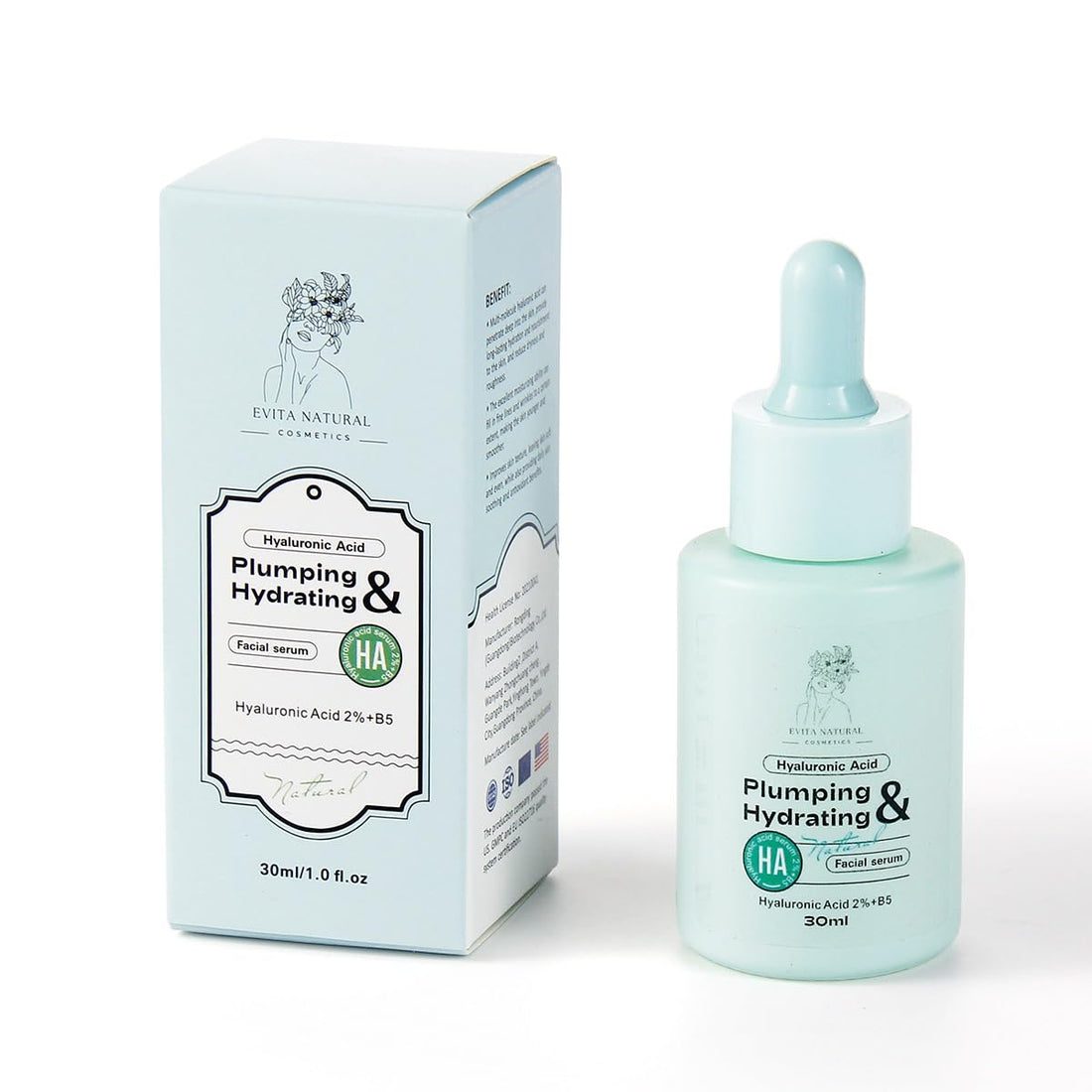 Evita Natural Cosmetics Hyaluronic Acid Serum 100% Natural Moisturizer with Vitamin B5 for Face and Neck. Dermatologically tested, Cruelty-Free, Paraben Free - 1 fl oz