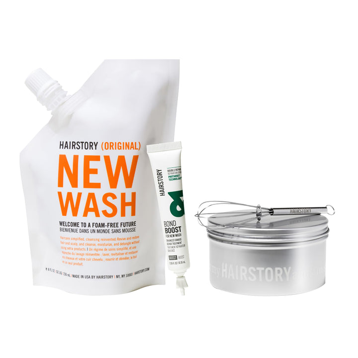 Hairstory Bond Boost & New Wash Original Bundle, Enhanced Damage Repair Treatment, Intense Healing to Minimize Breakage & Hair Loss, Nourish & Moisturize Strands, Set Includes Whisk & Tin