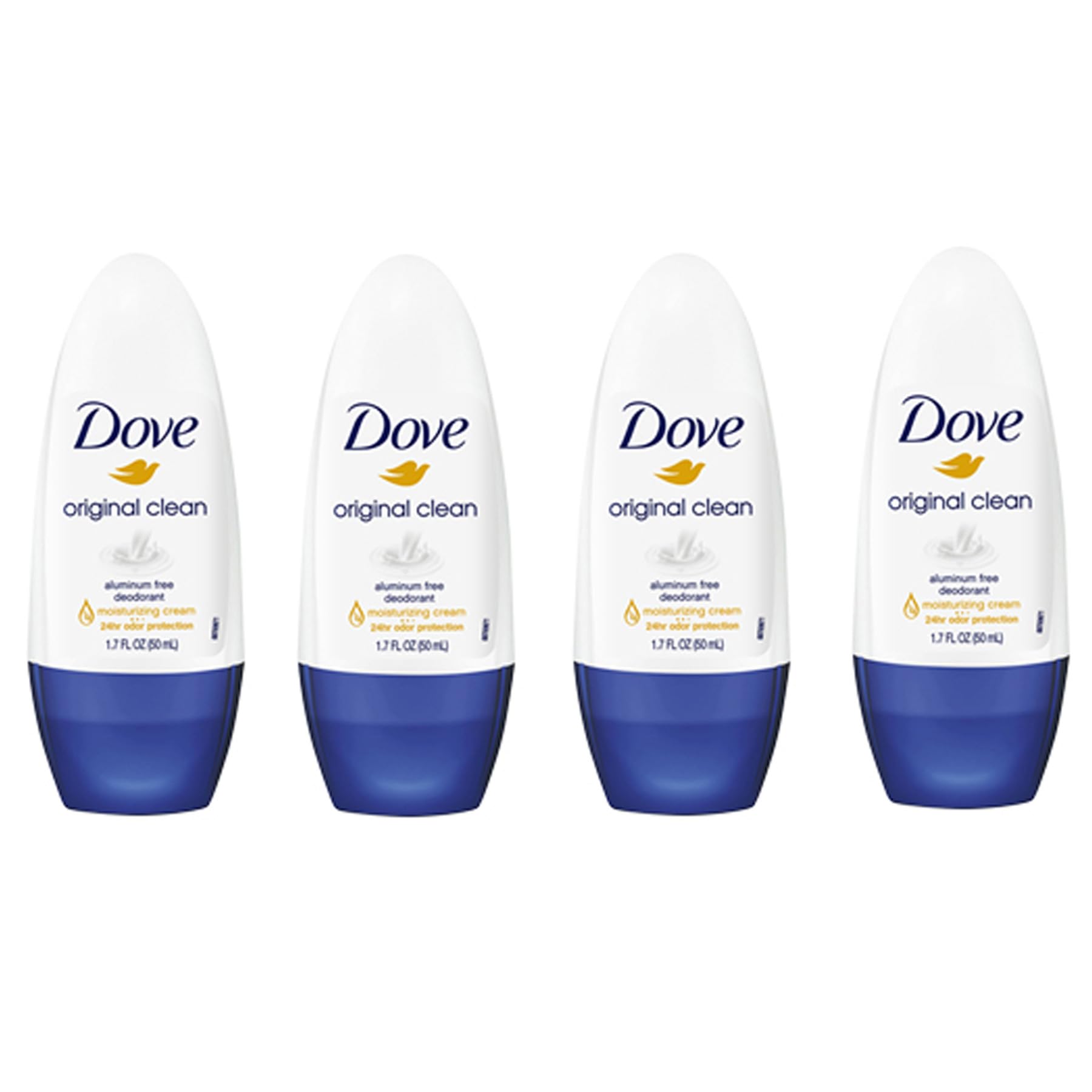 Dove Original Clean Roll On Deodorant, Aluminum Free, All Day Odor Protection, 4-Pack, 1.7 FL Oz Each, 4 Bottles