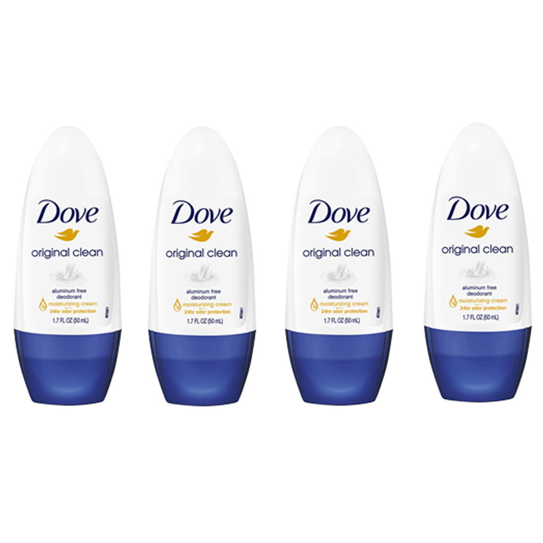 Dove Original Clean Roll On Deodorant, Aluminum Free, All Day Odor Protection, 4-Pack, 1.7 FL Oz Each, 4 Bottles