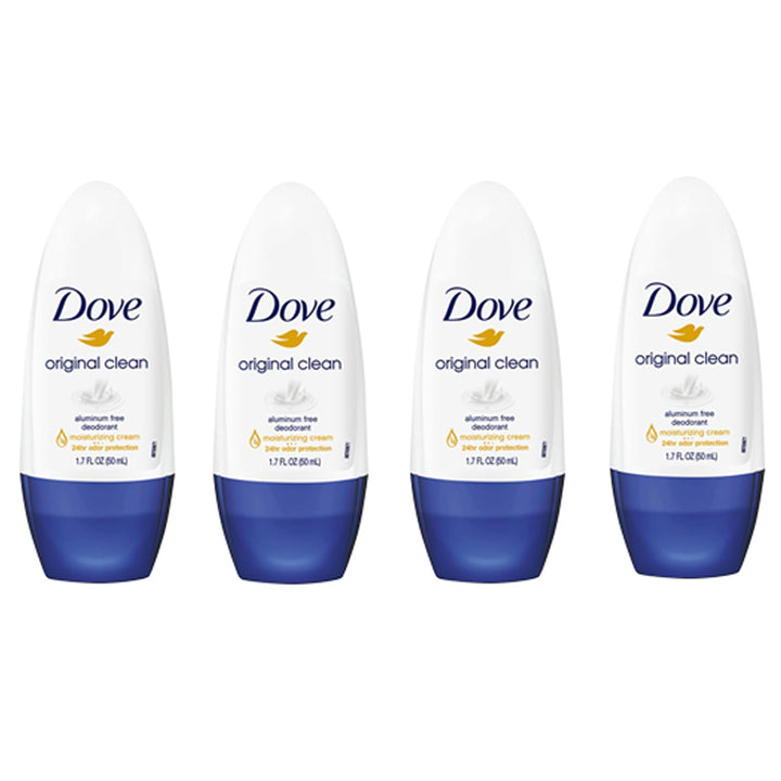 Dove Original Clean Roll On Deodorant, Aluminum Free, All Day Odor Protection, 4-Pack, 1.7 FL Oz Each, 4 Bottles