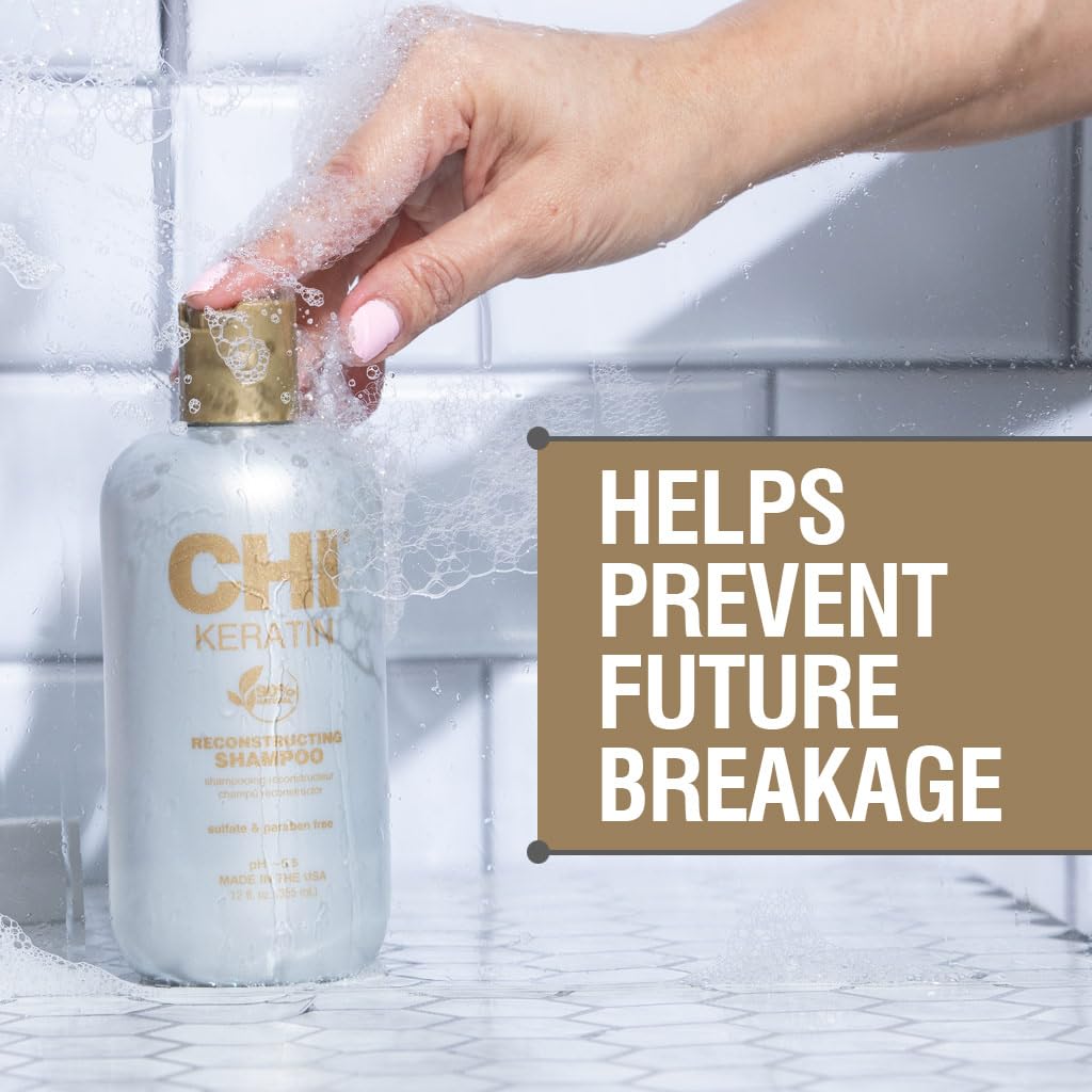 CHI Keratin Reconstructing Shampoo, Delivers Healthier Hair, Adds Shine & Helps Prevent Future Breakage, Sulfate, Paraben, & Cruelty-Free, 12 Oz