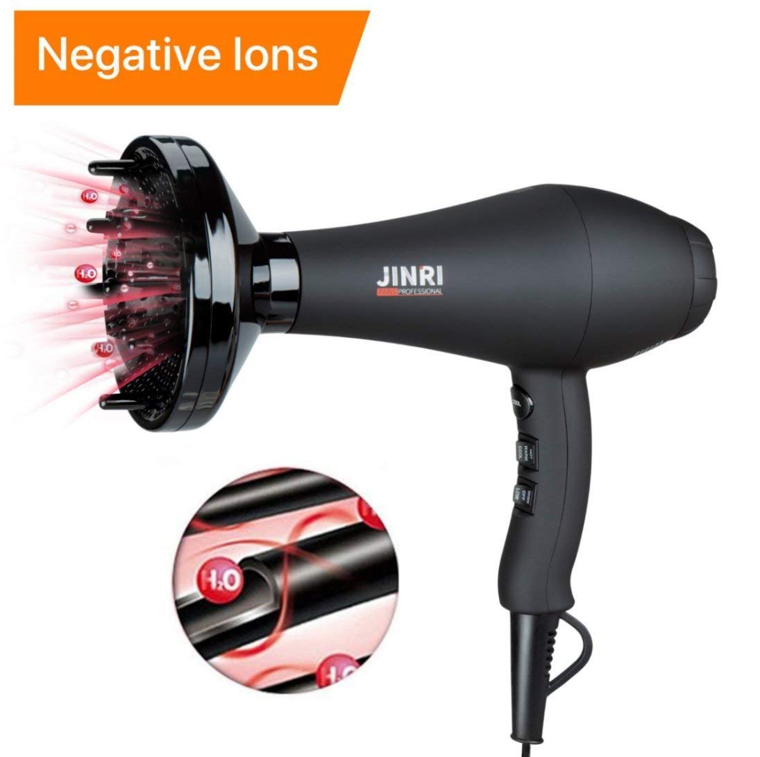 JINRI Professional Salon Hair Dryer 1875W Long Life AC Motor Negative Ionic Far Infrared Hair Dryer 2 Speeds 3 Heat Settings Cool Shot Button Hair Blow Dryer,Black