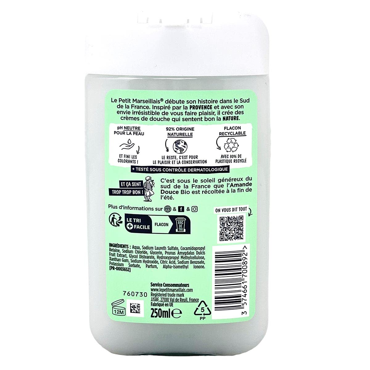 Le Petit Marseillais 1 Bottle of Body Wash Your Choice, French Shower Cream 6 Varieties 250ml (8.4oz) (Lait d'Amande Douce (Sweet Almond Milk))