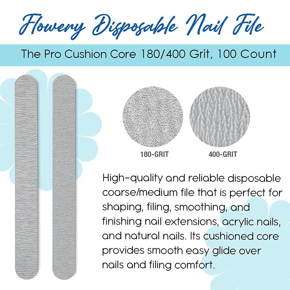 Flowery For The Pro Cushion Core Disposable Nail Files 180/400 Grit, 100 Count