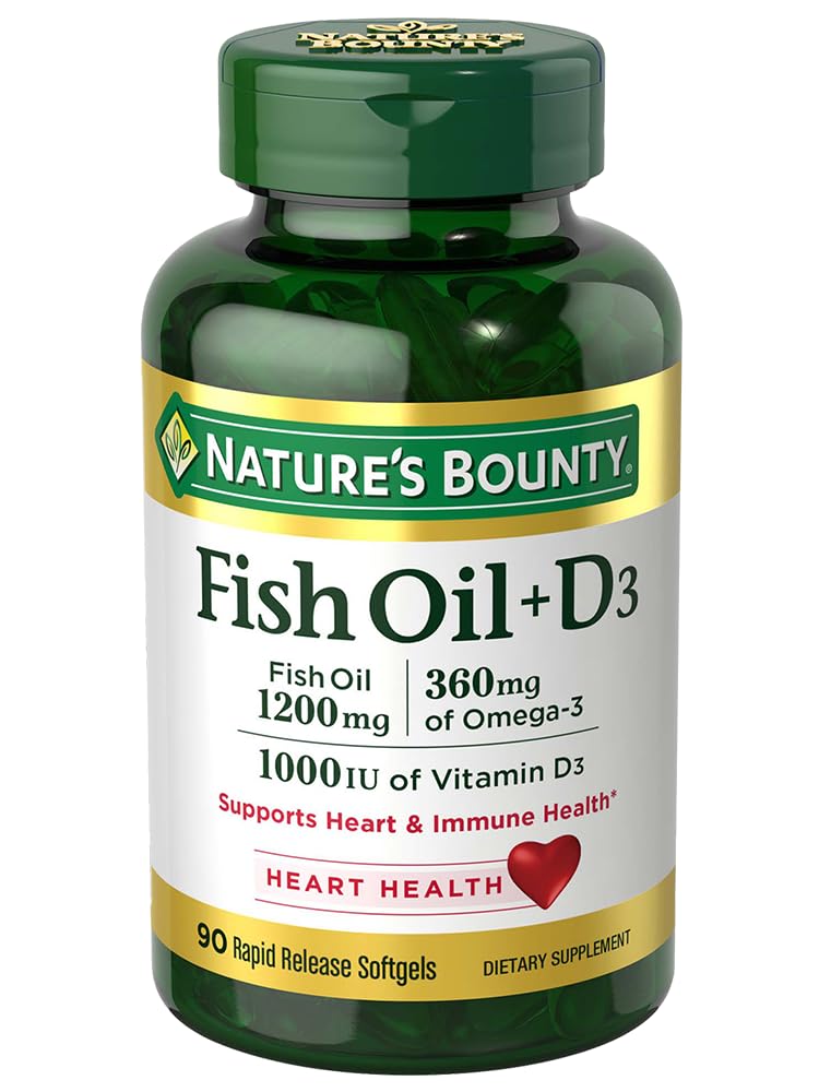 Nature's Bounty Fish Oil plus Vitamin D3, 360mg Omega 3, Supports Immune & Heart Health, 1200mg Fish Oil with 1000IU Vitamin D3, 90 Softgels