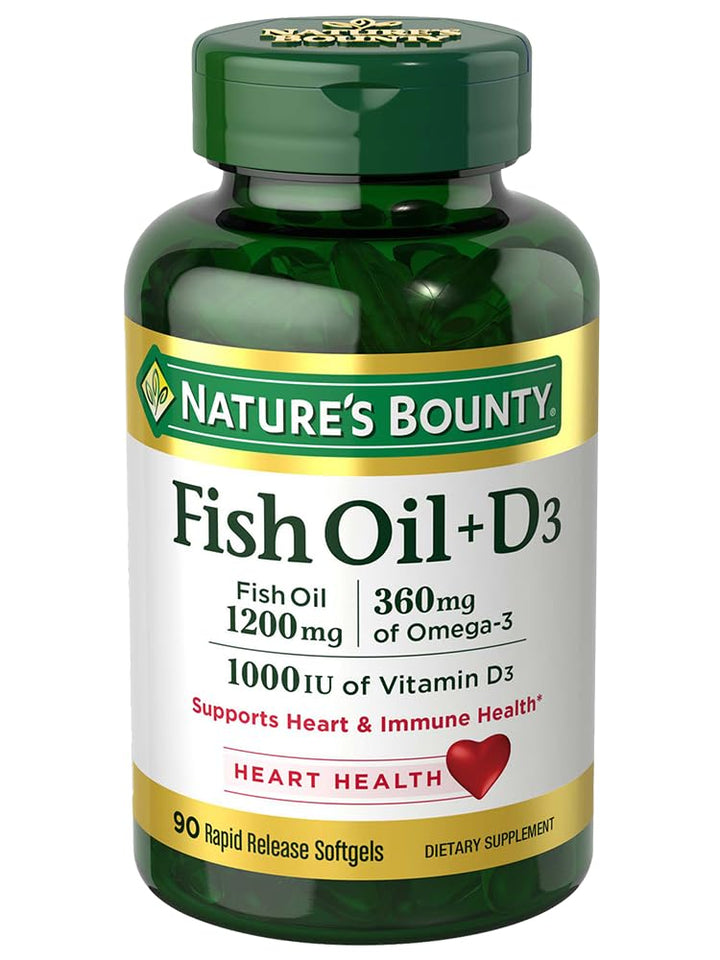 Nature's Bounty Fish Oil plus Vitamin D3, 360mg Omega 3, Supports Immune & Heart Health, 1200mg Fish Oil with 1000IU Vitamin D3, 90 Softgels