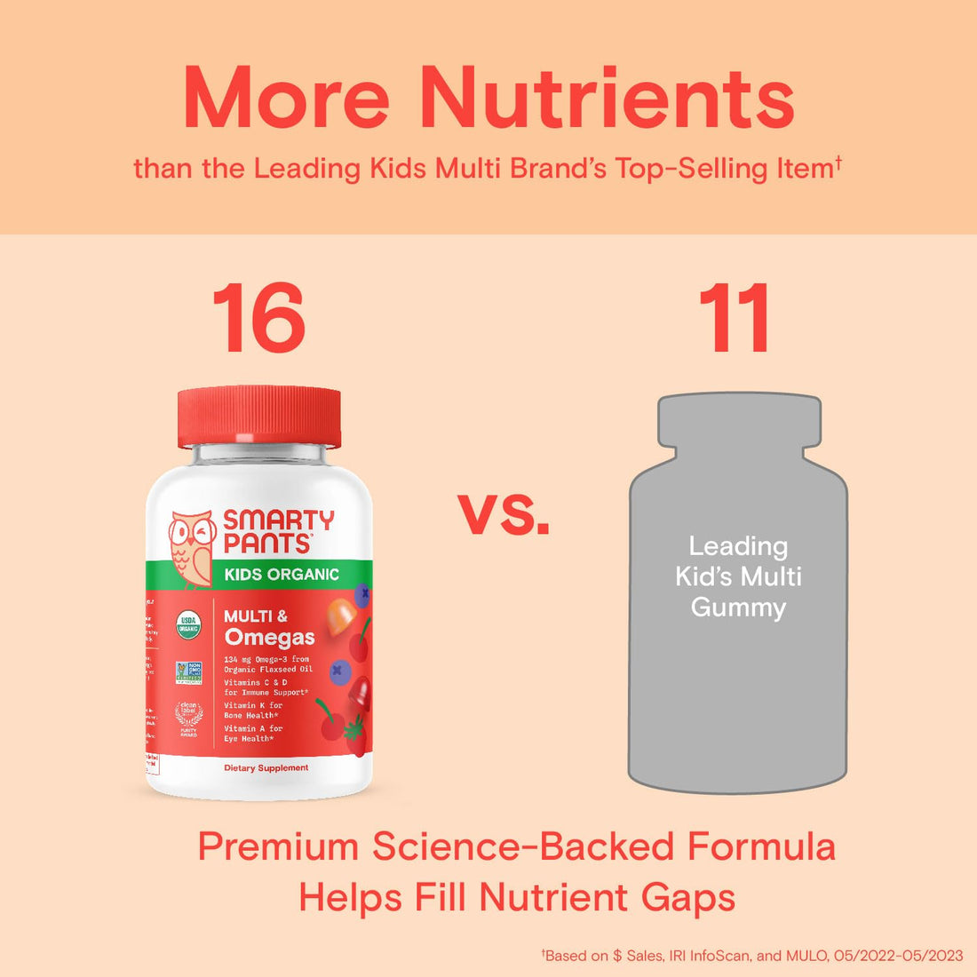 SmartyPants Organic Kids Multivitamin Gummies: Omega 3 (ALA), Vitamin D3, C, Vitamin B12, B6, A, K & Zinc for Immune Support, Biotin, Vegetarian, Three Fruit Flavors, 120 Count (30 Day Supply)