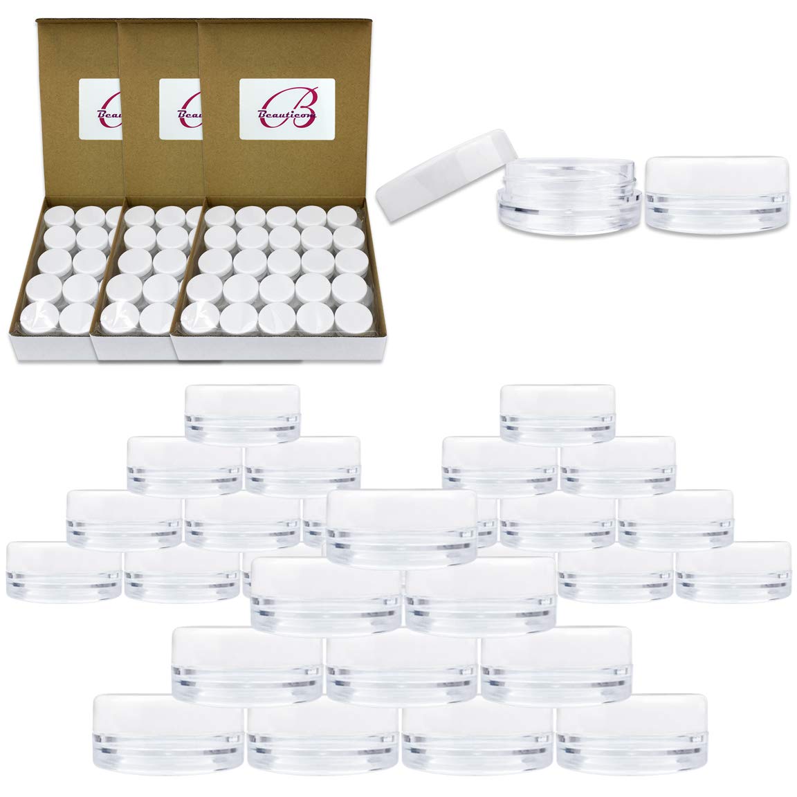 (Quantity: 200 Pcs) Beauticom® 3G/3ML High Quality Round Clear Jars with White Lids for Small Jewelry, Holding/Mixing Paints, Art Accessories and Other Craft Supplies - BPA Free