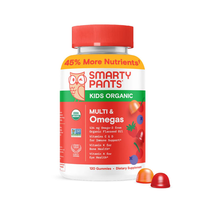 SmartyPants Organic Kids Multivitamin Gummies: Omega 3 (ALA), Vitamin D3, C, Vitamin B12, B6, A, K & Zinc for Immune Support, Biotin, Vegetarian, Three Fruit Flavors, 120 Count (30 Day Supply)