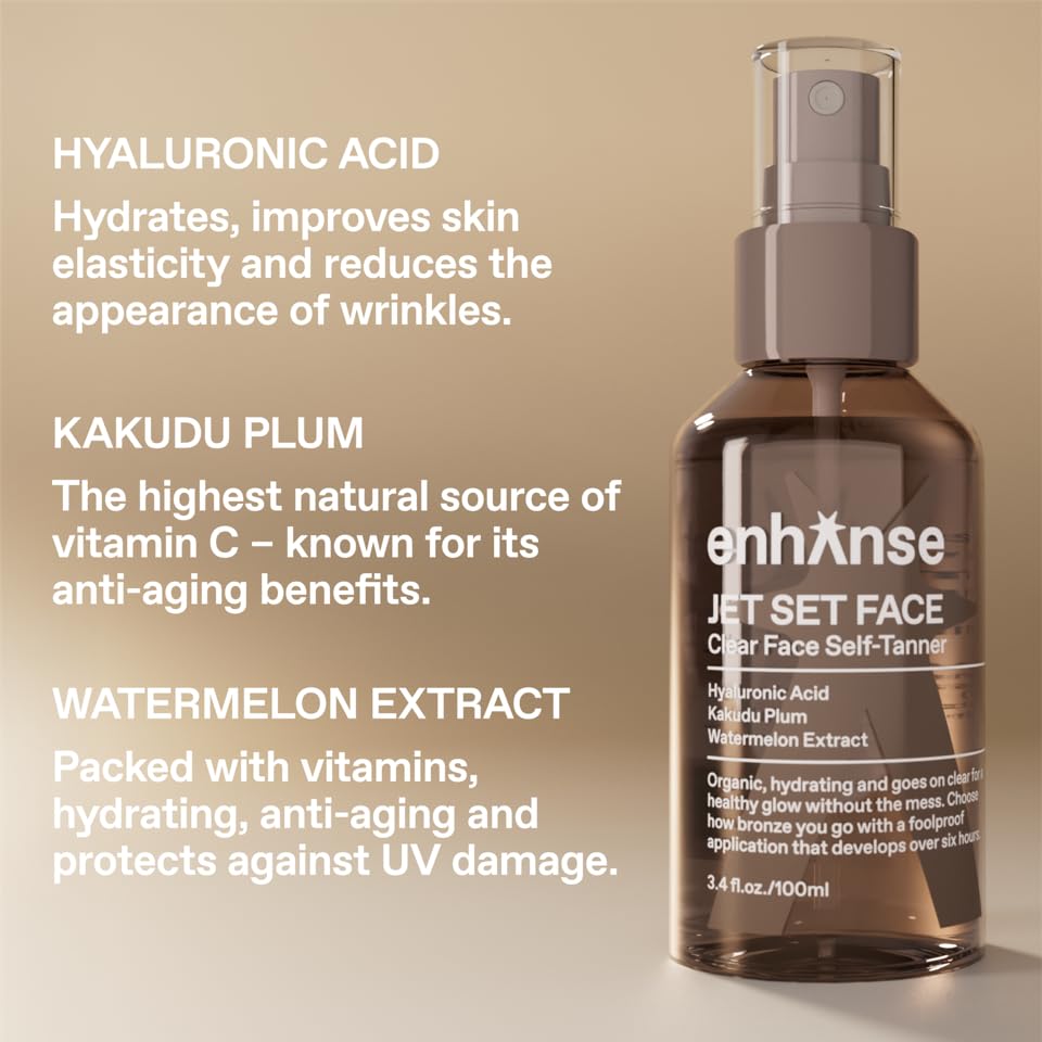 ENHANSE Jet Set Face Clear Self Tanner Spray for Men, Hyaluronic Acid, Hydrating Watermelon Extract, Mess & Streak Free, Anti Orange Tanning Water, 3.4 Fl Oz