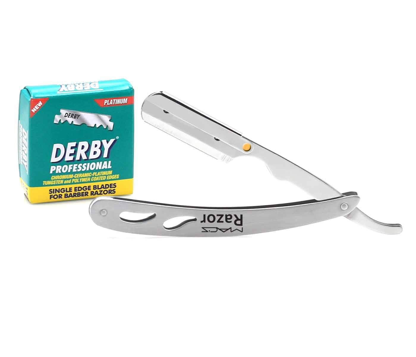 Macs Professional Stainless Steel Barber Straight Edge Razor with Hi-Chromium Derby 100 Count Blades Made of Stainless Steel Easy To Replace-053B1