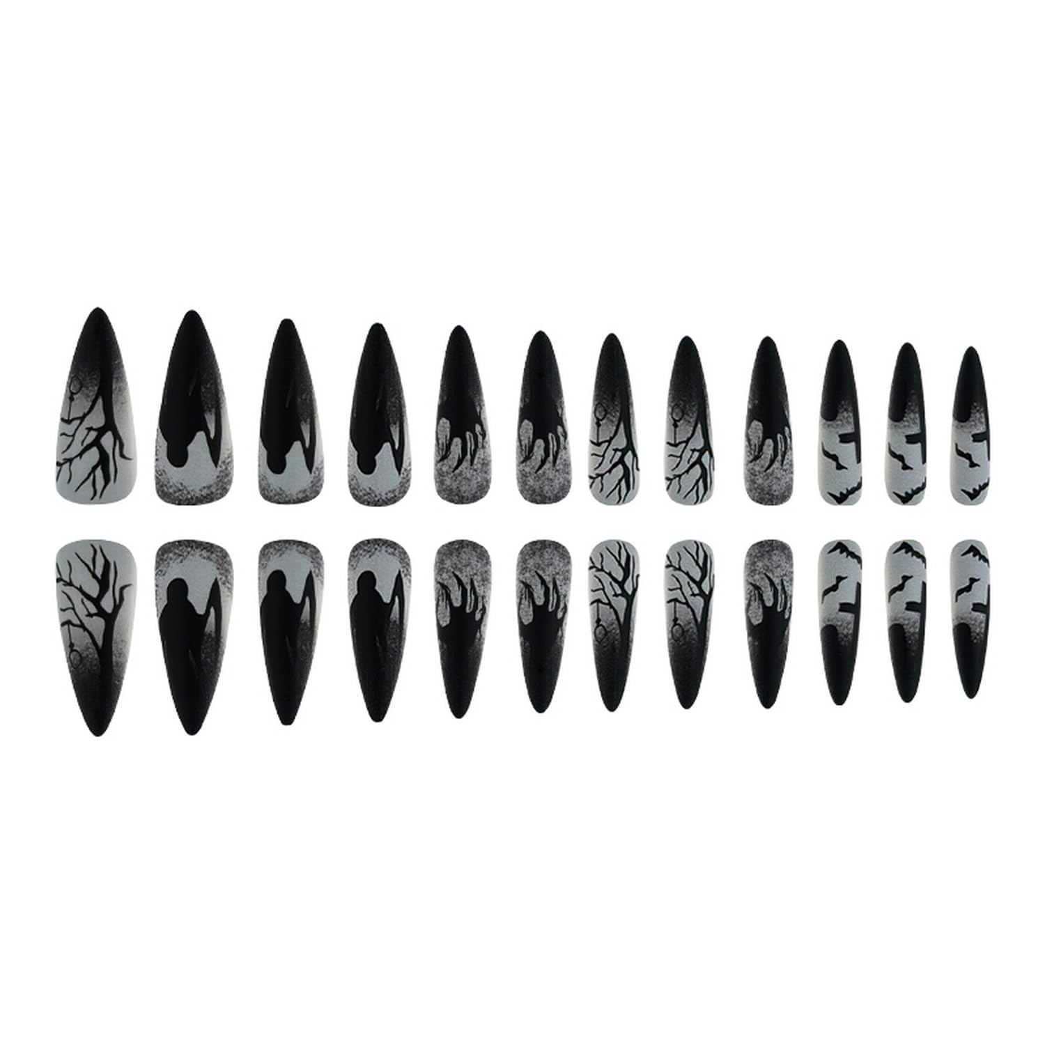 Halloween Press on Nails Almond Fake Nails with Bat Palm Tree Designs Black Grey Stick on Nails Full Cover Horror Nails for Women Girls Halloween Party Manicure