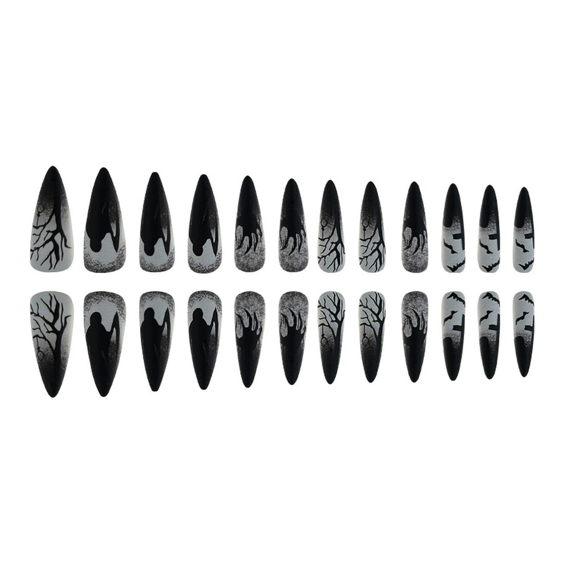 Halloween Press on Nails Almond Fake Nails with Bat Palm Tree Designs Black Grey Stick on Nails Full Cover Horror Nails for Women Girls Halloween Party Manicure