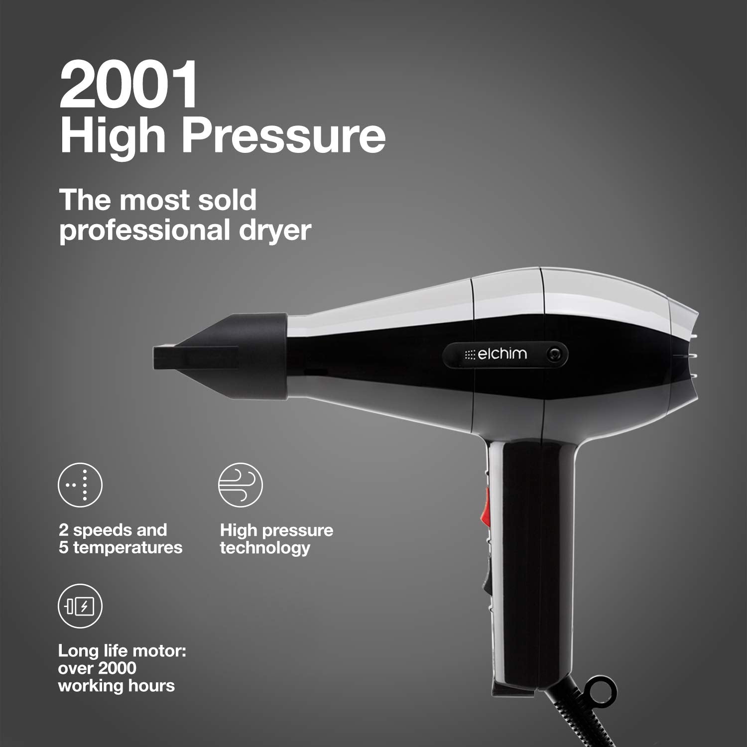 Elchim 2001 Classic High Pressure 1875 Watt Hair Dryer, Black