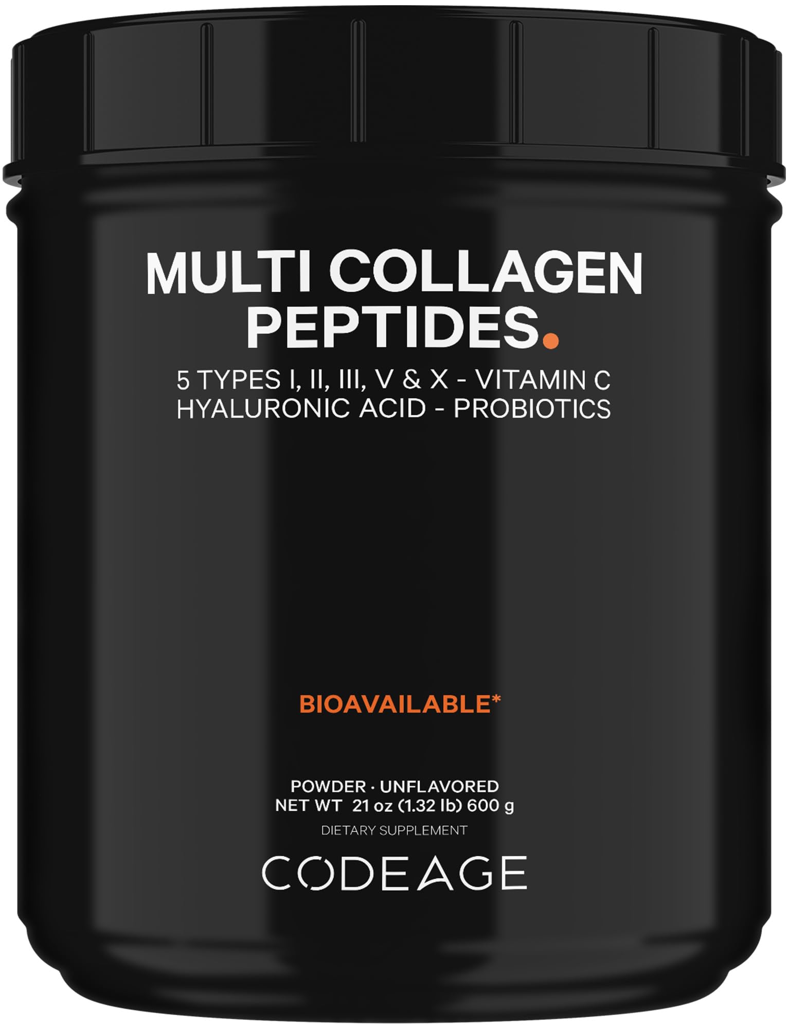 Codeage Multi Collagen Peptides + Probiotics Black Edition, Vitamin C, Hyaluronic Acid Powder Supplement, Grass-Fed, Pasture-Raised, Hydrolyzed, Zero Carbs, Type I, II, III, V & X, Unflavored, 21oz