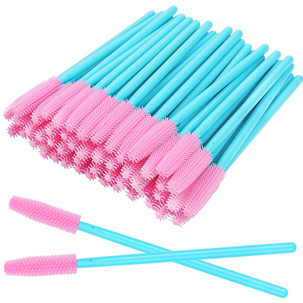 100 Pcs Silicone Mascara Wands Disposable Eyelash Brushes for Extensions Lash Applicators Makeup Tool Kit, Blue/Pink