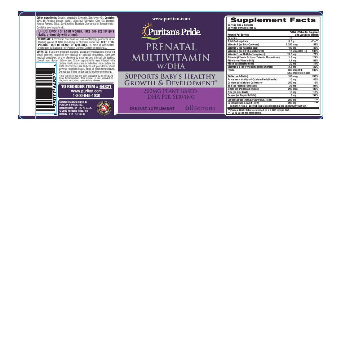 Puritan's Pride Prenatal Multivitamin with DHA, Supports Baby's Growth and Development**, 60 Softgels,®