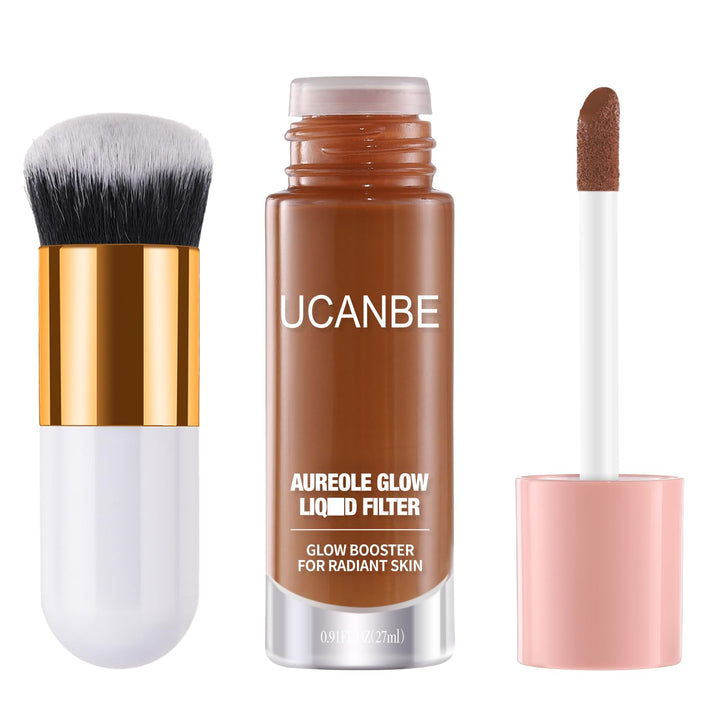 UCANBEMAKEUP Halo Glow Liquid Filter, Primer Complexion Radiance Booster for A Glowing, Soft-Focus Look, Vegan & Cruelty-Free, #03 MEDIUW/TAN with Brush