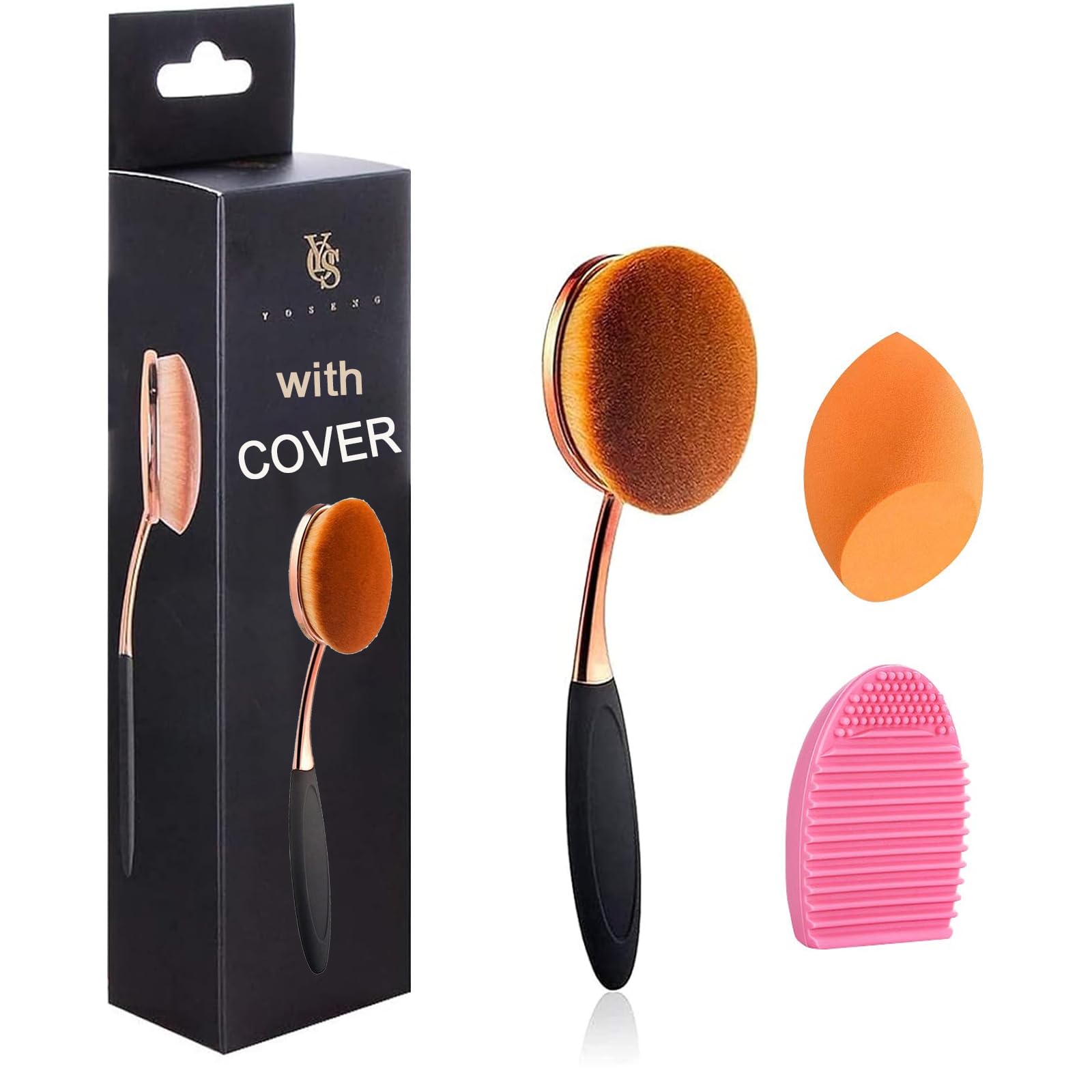 Large Rose Gold Foundation contour Round Toothbrush Dust Free Oval Makeup Brushes with Blending Sponge dustproof cover brush egg cleaner …