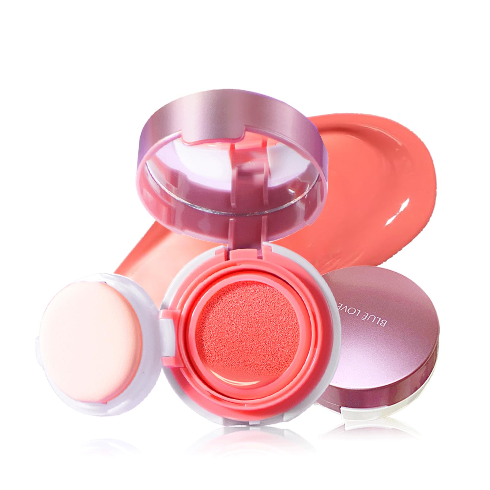 BLUE LOVE Cushion Liquid Blush - Silky Cheek Tint with Built-in Mirror, Natural Radiant Finish, Effortlessly Contours & Highlights for Elegant Look (01# Pink Orange)