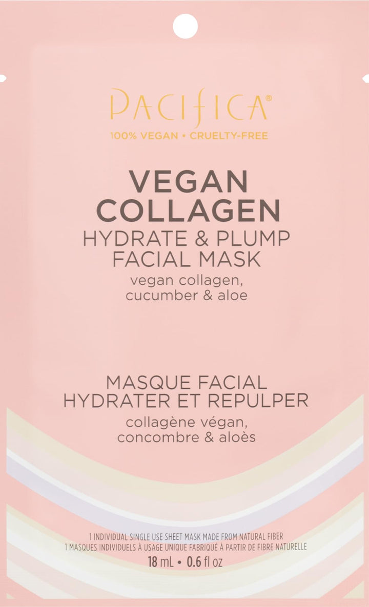 Pacifica Sheet Face Mask - Vegan Collagen Hydrate & Plump with Cucumber & Aloe – Moisturizing Mask for Dry & Aging Skin - Clean Beauty Vegan & Cruelty-Free Dermatologist Tested
