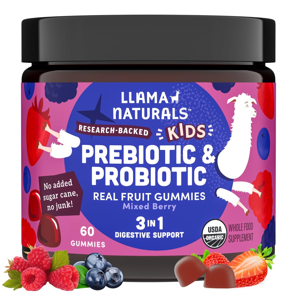 Llama Naturals Prebiotics and Probiotics for Kids, Real Fruit Gummy Vitamins, Probiotic Gummies with Prebiotic Fiber for Gut Health Support, No Sugar Added, Mixed Berry, 60 Ct (30-60 Day Supply)