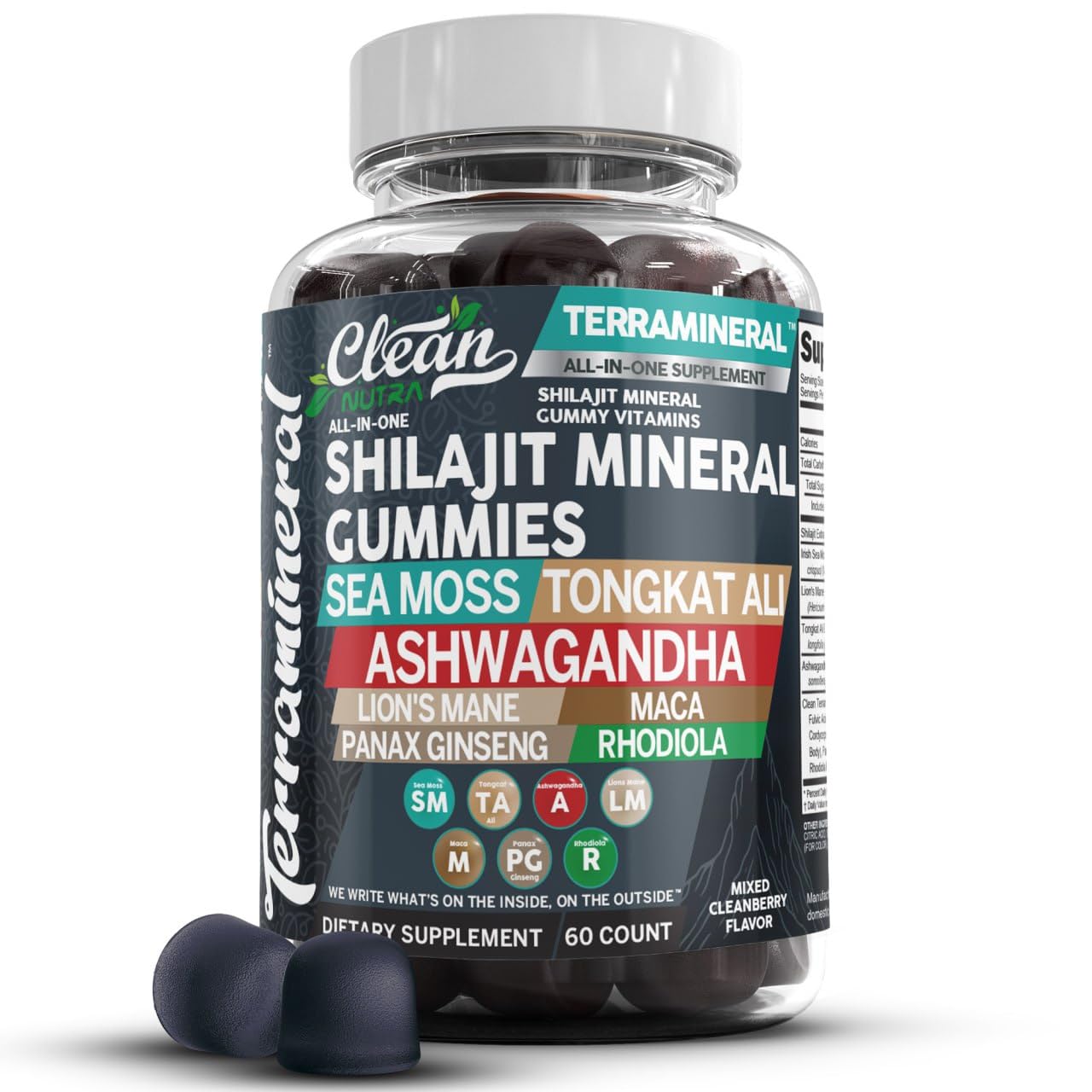 Terramineral Shilajit Gummies with Irish Sea Moss Tongkat Ali Ashwagandha Lion's Mane MACA Panax Ginseng Rhodiola & Cordyceps by Clean Nutra (1)
