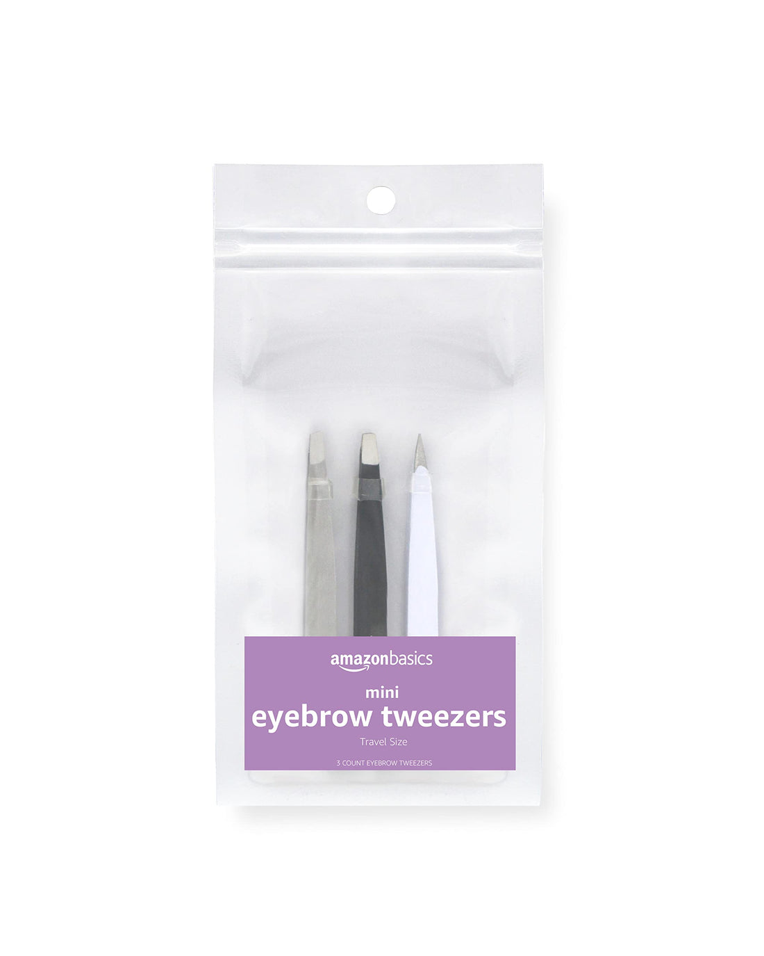 Amazon Basics Mini Eyebrow Tweezers 3-Pack, Black/White/Grey