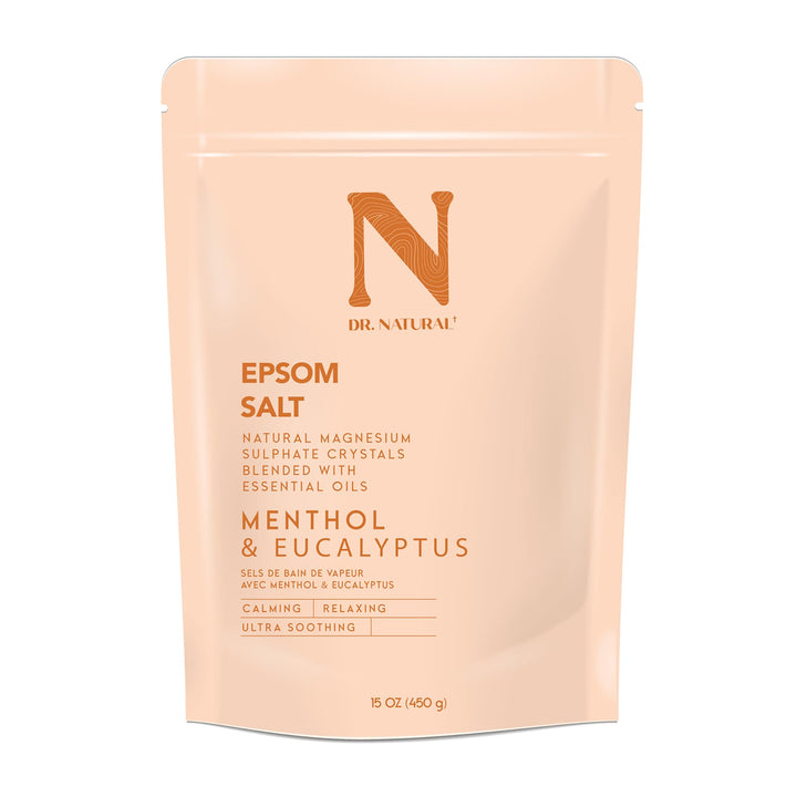 Dr. Natural Epsom Salt - Bath Salts for Stress Relief - Relaxing, Softening Epsom Salt Bath Soak - Magnesium Boost - Menthol and Eucalyptus - 15 oz