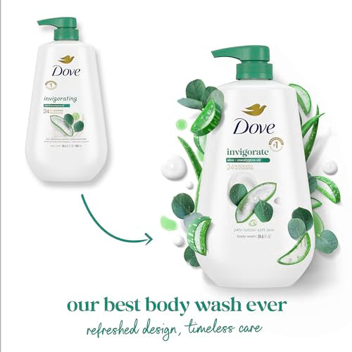 Dove Body Wash with Pump 3 Count Invigorate Aloe & Eucalyptus For 24hr Lotion-Soft Skin Moisturizing Skin Cleanser with No Sulfates No Parabens