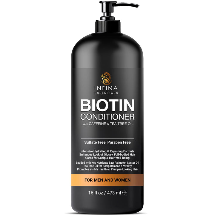 INFINA ESSENTIALS Biotin Conditioner with Caffeine & Tea Tree Oil - Volumizes and Revitalizes Shine - for Men & Women - Perfect Hair Conditioner for Damaged Dry Hair - 16 fl oz