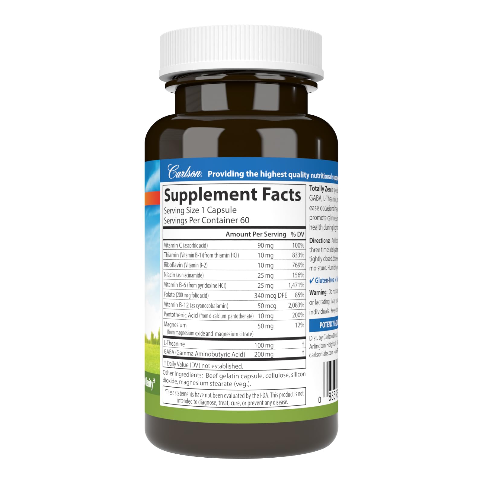 Carlson - Totally Zen, GABA, L-Theanine & B Vitamins, Healthy Mood, Promotes Calmness & Mental Clarity, 60 Capsules