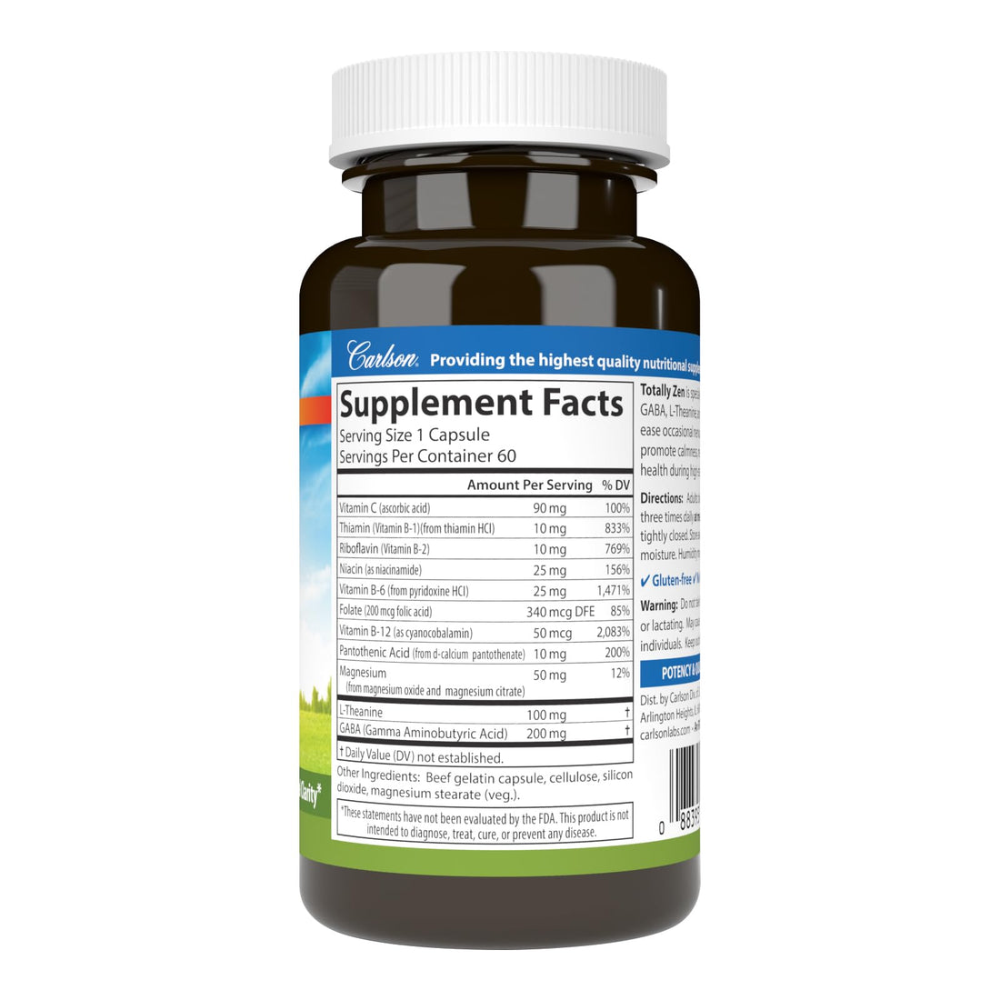 Carlson - Totally Zen, GABA, L-Theanine & B Vitamins, Healthy Mood, Promotes Calmness & Mental Clarity, 60 Capsules