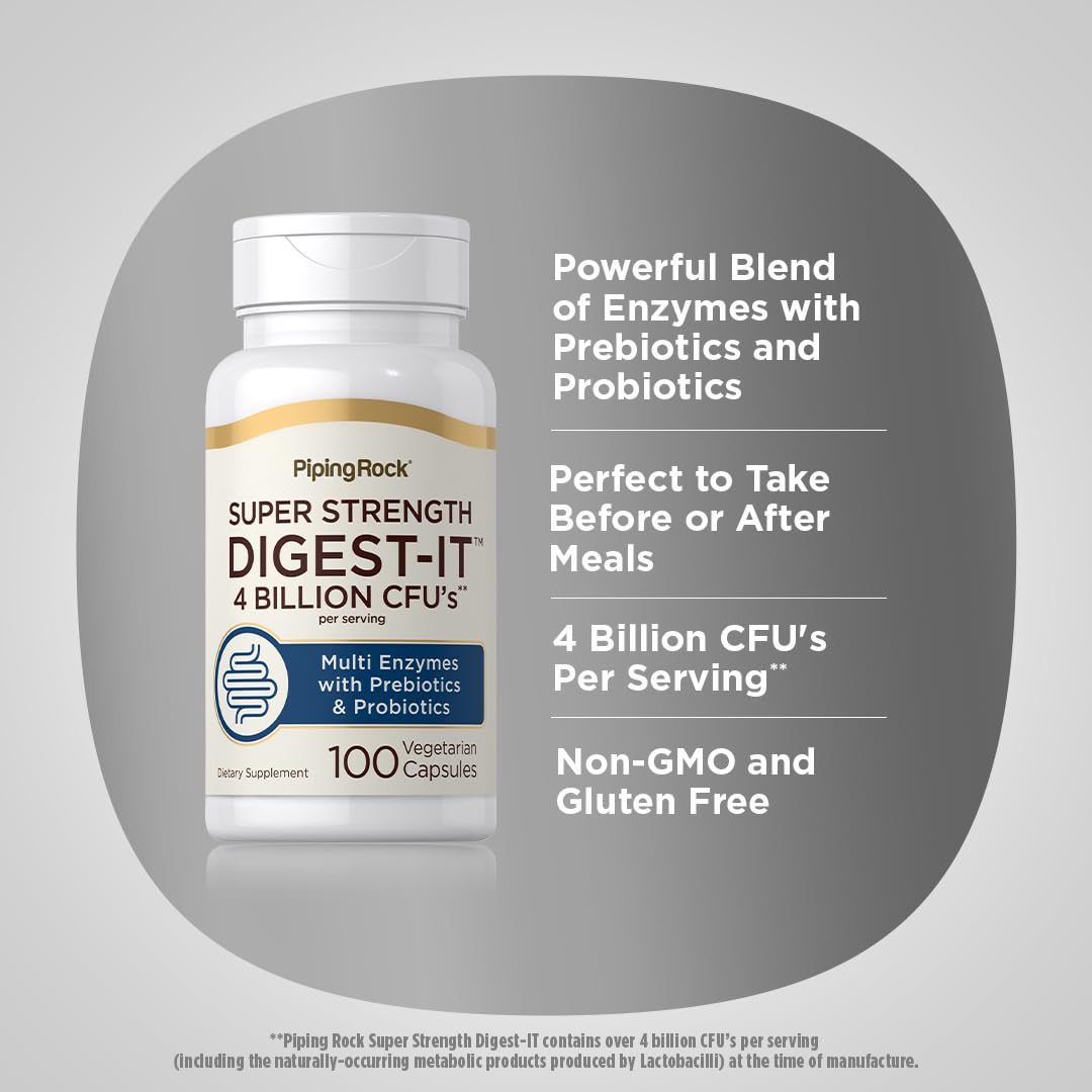 Piping Rock Digestive Enzymes with Probiotics and Prebiotics | 100 Capsules | Multi Supplement for Men & Women | 4 Billion CFU | Extra Strength Pills | Non-GMO, Gluten Free