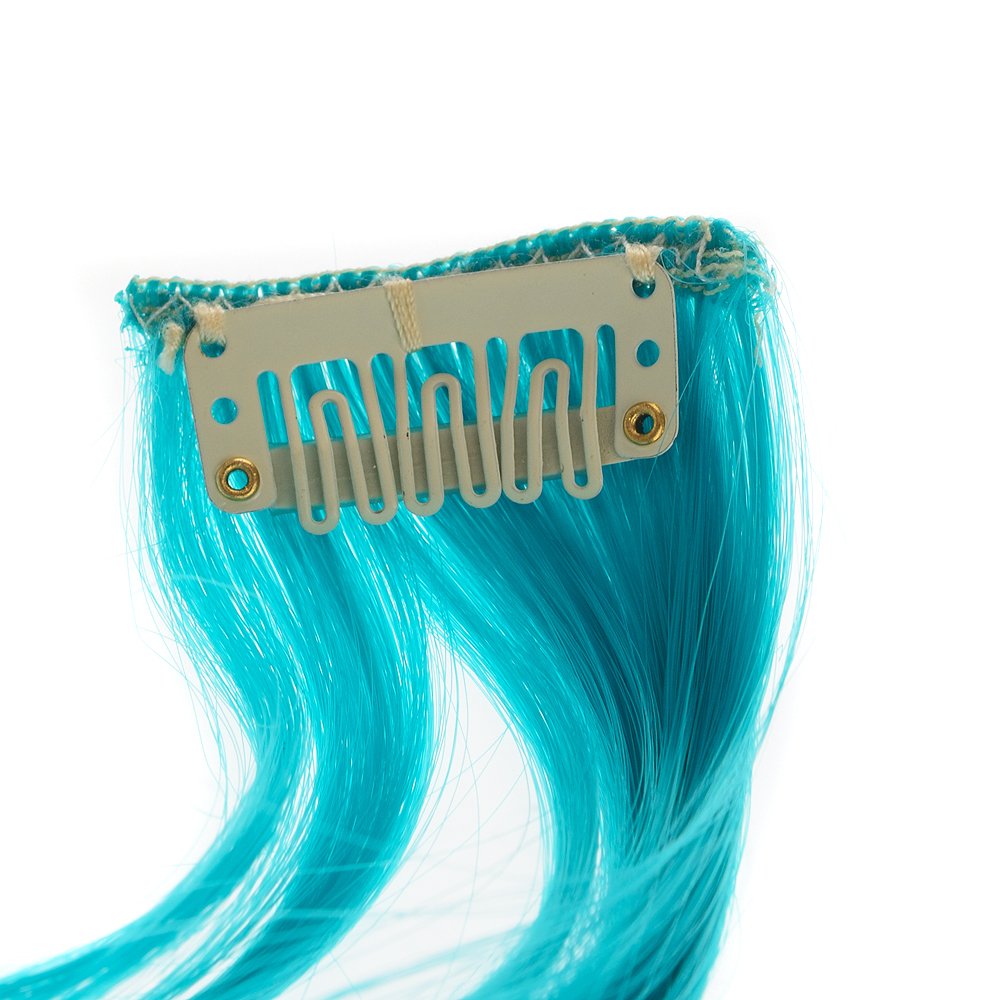 Teal Blue : SWACC 12 Pcs Curly One Color Party Highlights Clip on in Hair Extensions Colored Hair Streak Synthetic Hairpieces (Teal Blue)
