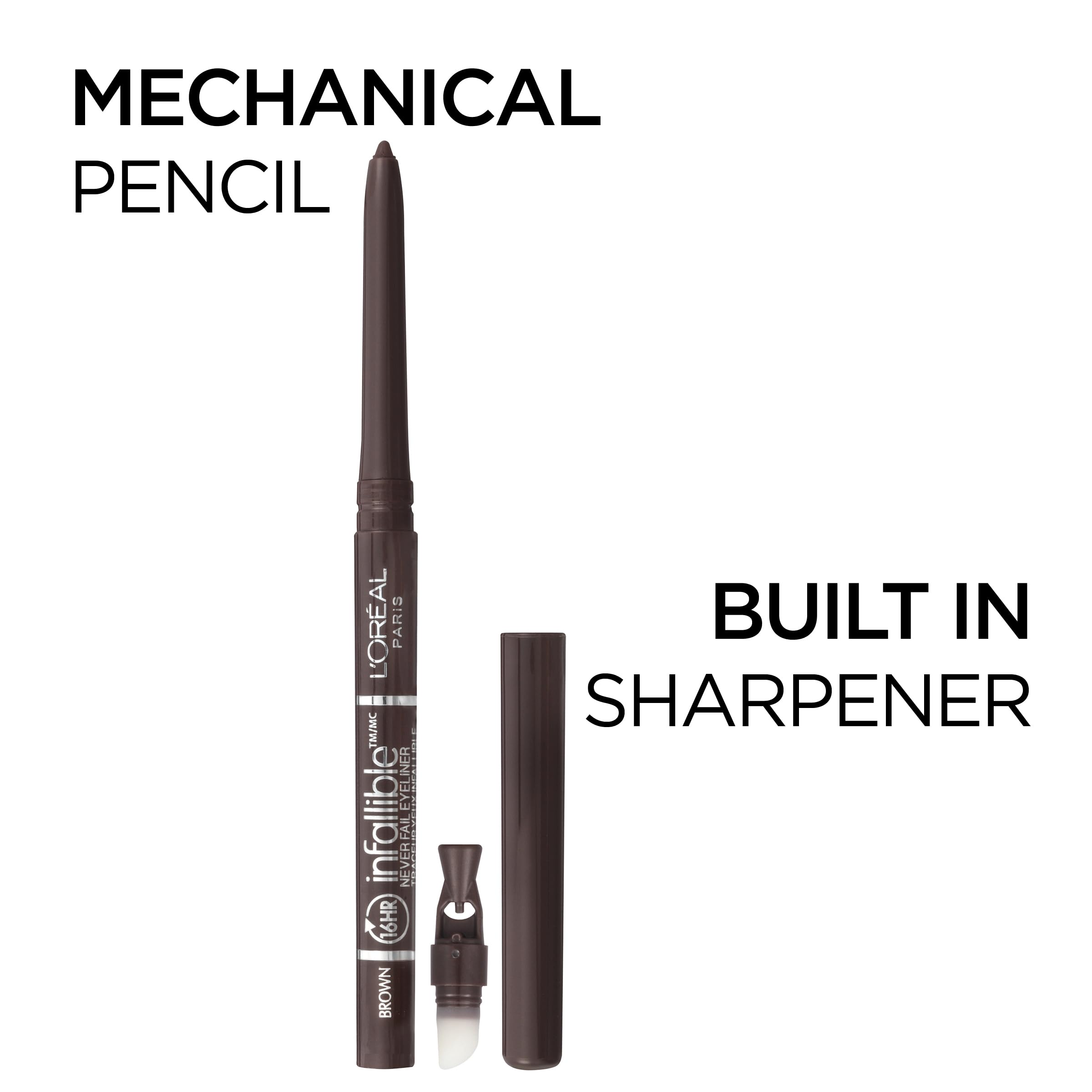 L'Oreal Paris Makeup Infallible Never Fail Original Mechanical Pencil Eyeliner with Built in Sharpener, Black Brown, 0.008 oz., 2 Count