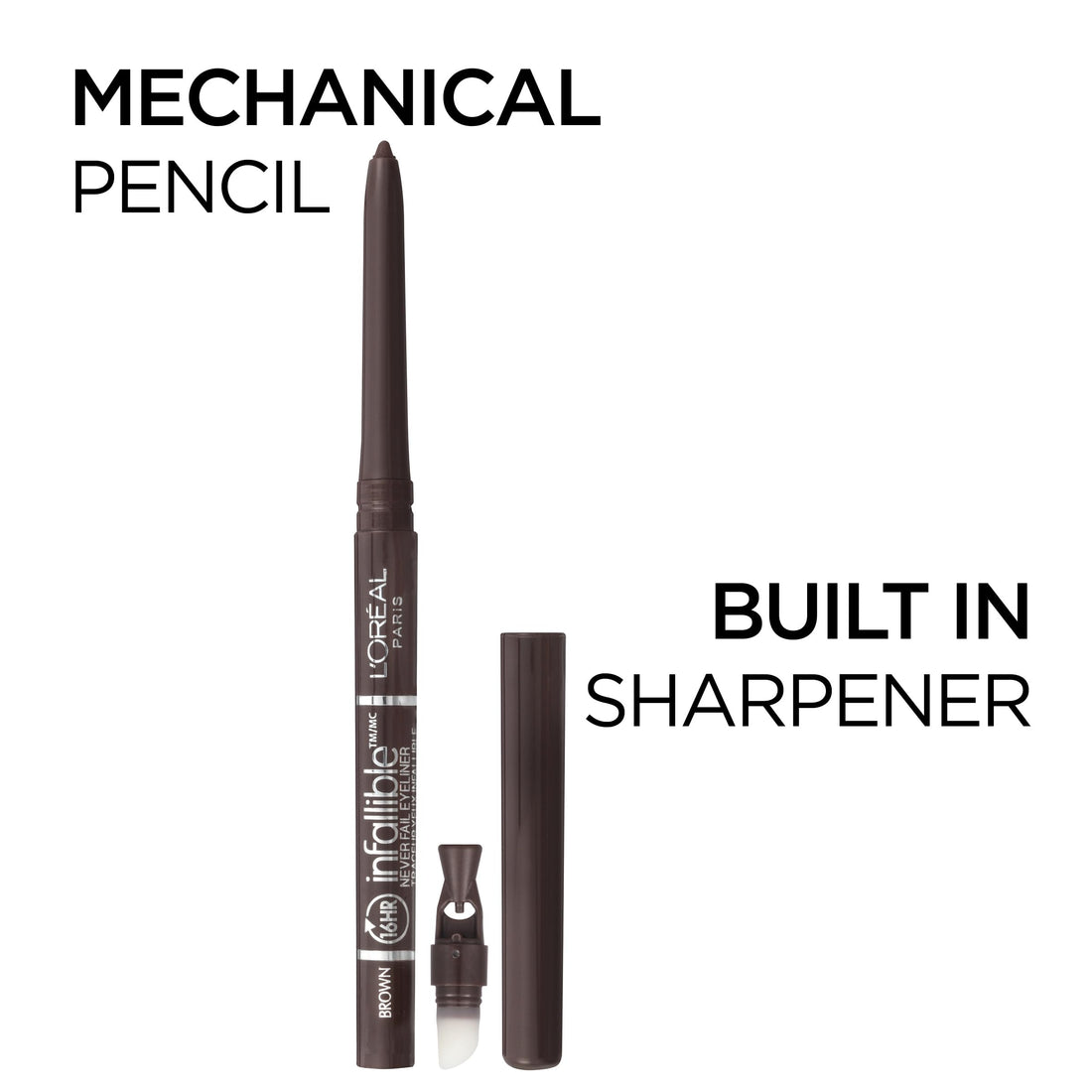 L'Oreal Paris Makeup Infallible Never Fail Original Mechanical Pencil Eyeliner with Built in Sharpener, Black Brown, 0.008 oz., 2 Count
