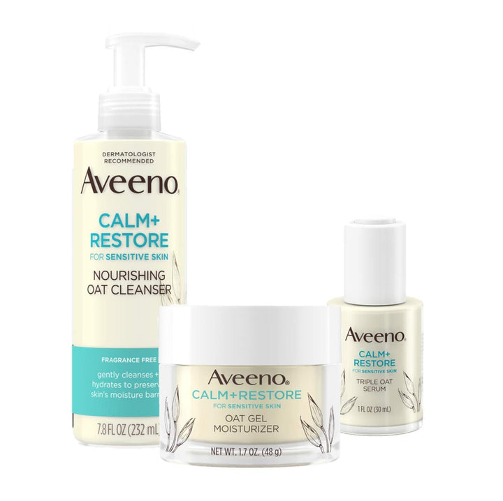 Aveeno Calm + Restore Nourishing Oat Cleanser 7.8oz with Restore Triple Oat Serum 1oz and Restore Oat Gel Moisturizer 1.7oz
