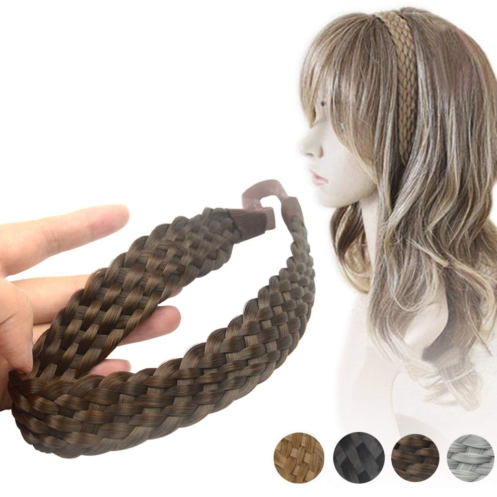 #Chocolate-8: Ahairbeauty 8 Plaited Braided Headband Hair Band Synthetic Hairpieces Braid Wig Piano Two Tone Colors Accessories For Women Girl With Elastic Strap Wide 1.2 Inch (#C