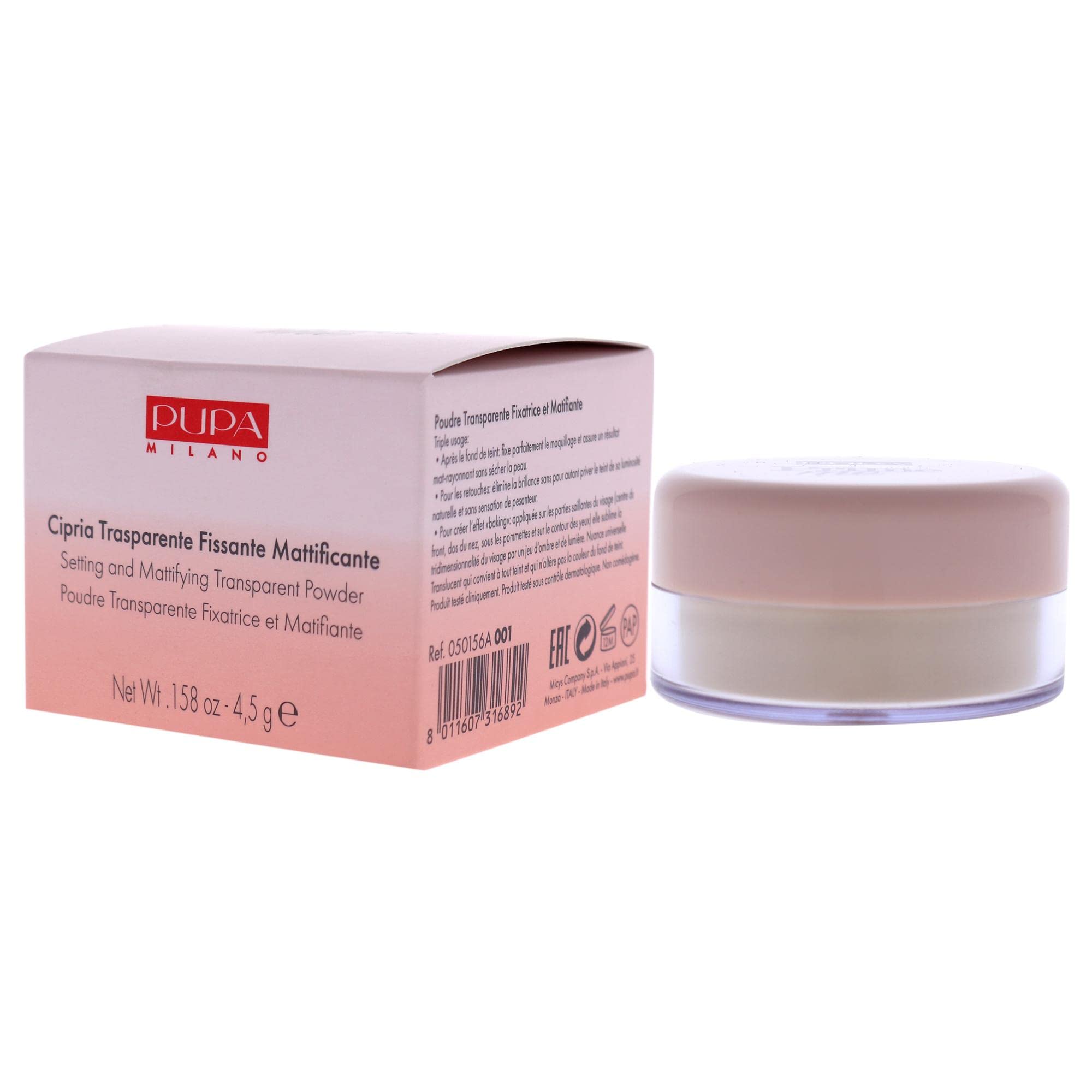 Pupa Milano Setting Powder - Setting and Mattifying Transparent Powder - For a Matt-Radiant Finish - 001 Translucent - 0.158 Oz