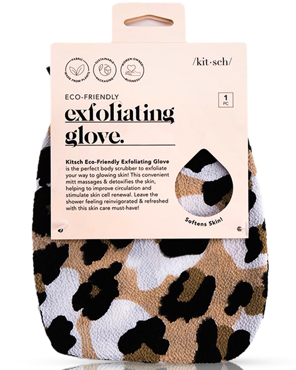 Kitsch Deep Exfoliating Glove, Eco Friendly Exfoliating Body Scrubber, Dead Skin Remover and Body Scrub Mitt for Skin Cell Renewal, for Shower and Bath, Leopard