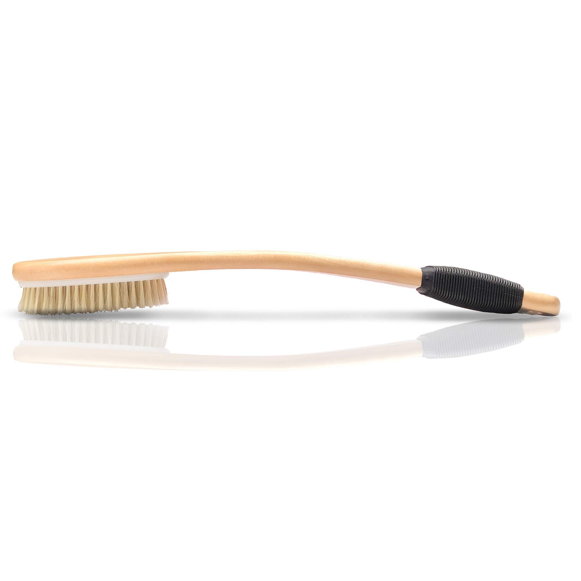 OWIIZI Bath Brush Wooden Curved Long Handle Antiskid Shower Brush for Exfoliating, Natural Bristle Scrubber for Back Use Wet or Dry